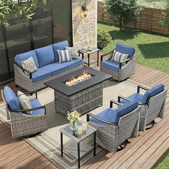 Patio Furniture Set with 42.5" Fire Pit Table-8 Pieces All Weather Wicker Outdoor Furniture with High Back Swivel Patio Chairs Set of 4 Outdoor Patio Conversation for Deck Garden Blue/Gray
