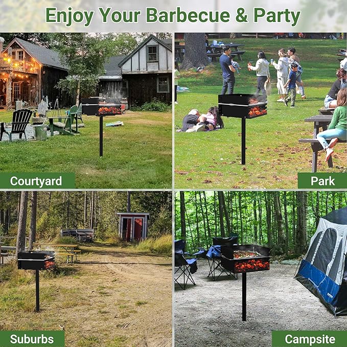 Park Grills, 256 Sq. In, Park Style Charcoal Grill, Heavy Duty In Ground Park Grill with Stainless Steel Cooking Grate and Cover for Commercial and Outdoor Cooking 16'' L x 16'' W x 8'' H