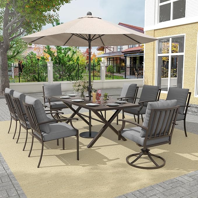 Gotland 9 Piece Outdoor Dining Set, Metal Outdoor Table and Swivel Chairs with X-Shaped Legs 1.5" Umbrella Hole, Patio Furniture Set with Waterproof Cushions, Patio Dining Sets for Backyard Deck Gray