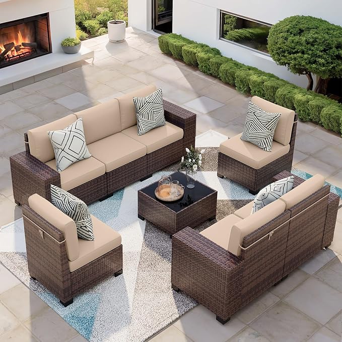 Patio Furniture Set, 8 Pieces Outdoor Sectional Sofa Conversation Sets with Waterproof Cover Modern Wicker Seating Set, 4'' Thickened Cushions 1 Glass Coffee Table 2 Armless Sofas, Beige