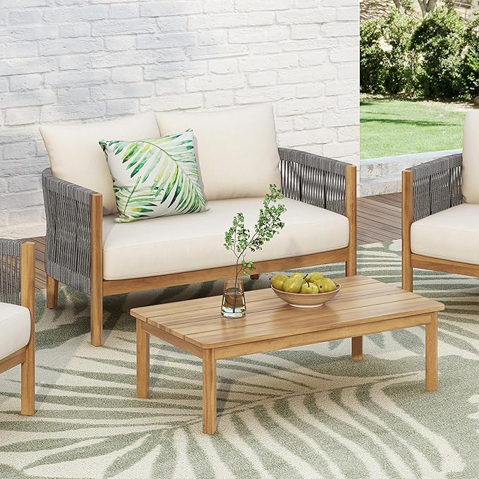 Merax 2 Pieces Outdoor Acacia Furniture Set, Woven Rope Outdoor Patio Loveseat with Cushions and Coffee Table, Patio Conversation Sets for Porch, Garden