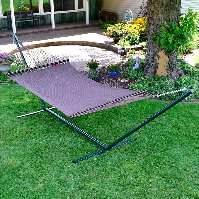 Algoma Net Company Caribbean Rope Spreader Bar Hammock with Steel Stand, Brown/Green