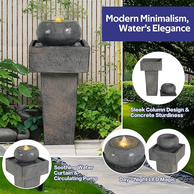 25.59″H Concrete Column Fountain with LED Lights Modern Outdoor Water Feature for Patio Garden Landscape Decor Minimalist Design