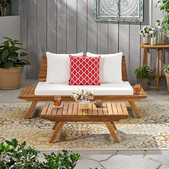 Christopher Knight Home Outdoor 2 Seater Acacia Wood Loveseat and Coffee Table Set, Teak and White