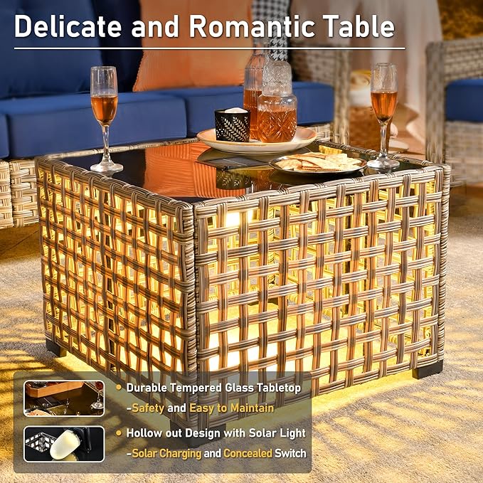 HOOOWOOO 5 Pieces Patio Furniture Set,L Shaped Outdoor Sectional Couch with Solar Table, Pe Wicker All Weather Outside Conversation Sofa Ottoman Set,Beige