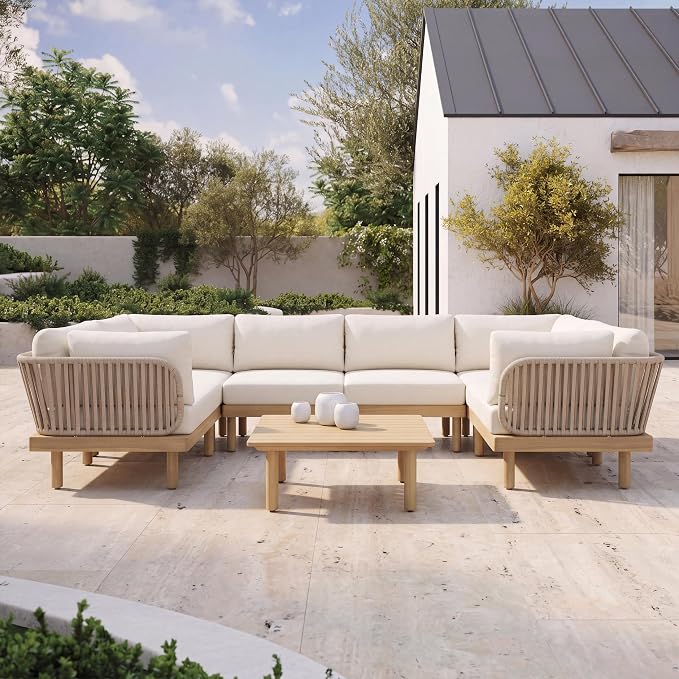 Christopher Knight Home Joan 7 Piece Patio Furniture Set with Slatted Coffee Table, Outdoor Sofa Set with Rope Back & Cushions, Acacia Wood Sectional Conversation Set, Beige+Cream+Light Teak