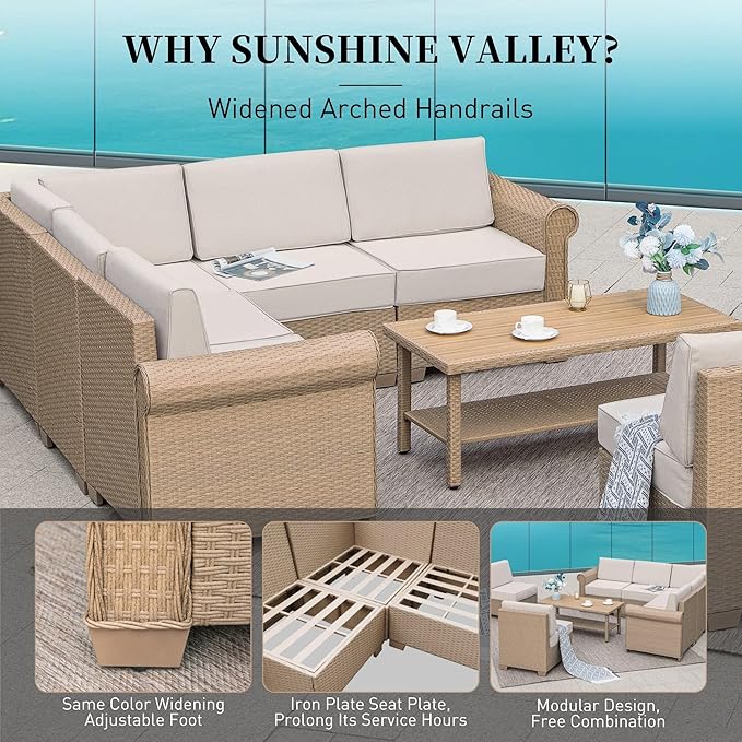 Patio Furniture Set 5 Piece, Wicker Rattan Sectional Sofa Couch with 5.5" Thick Waterproof Cushions and Coffee Table, All weather Modular Outdoor Conversation Set for Lawn Backyard and Deck, Beige