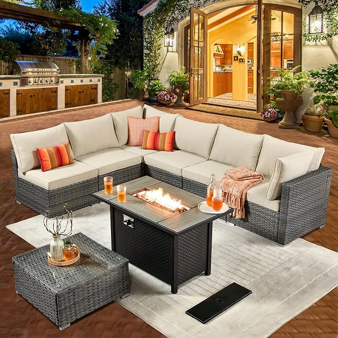 ovios Outdoor 8 Piece Patio Furniture Set with Fire Pit Table,Conversation Sectional Wicker Couch with Coffee Table,Modern Outside Sofa for Balcony Backyard, Beige