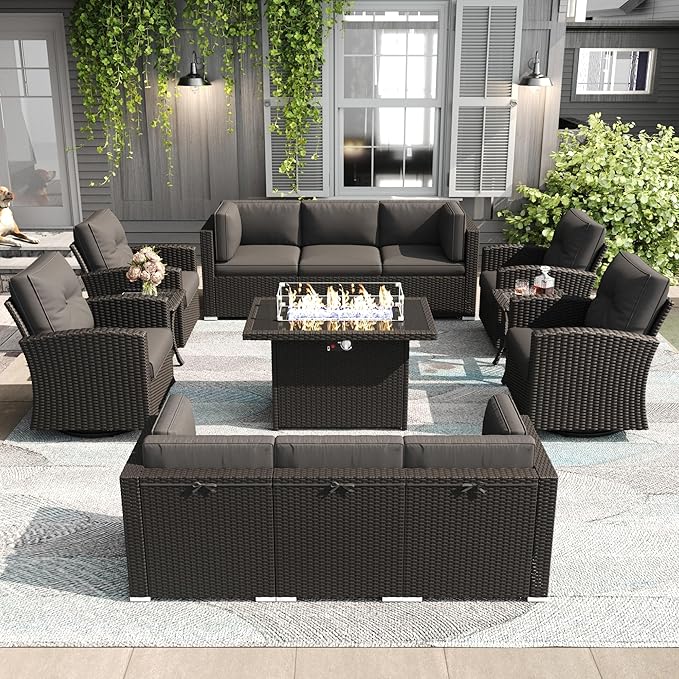 LayinSun 13 Pieces Patio Furniture Set with Fire Pit Table, Black Rattan Modular Sectional Outdoor Conversation Sofa Set, Swivel Rocking Chairs Set