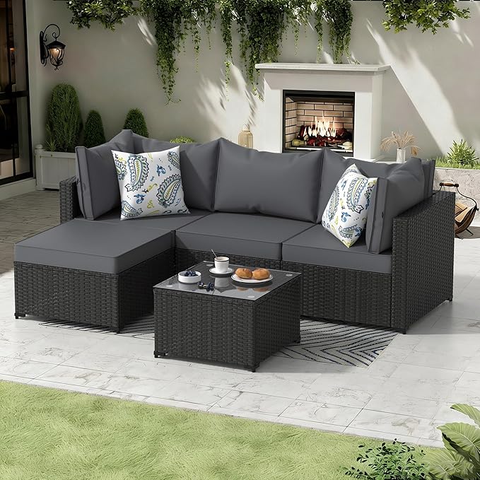 Patio Furniture Set, 5PCS Patio Sectional with Ottoman Wicker Rattan Outdoor Furniture with Thickened Cushion Modular Wicker Patio Conversation Set with Glass Top Table for Balcony, Backyard (Grey)