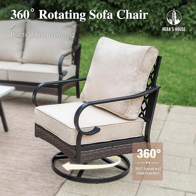 HERA'S HOUSE 5 Pieces Metal Patio Furniture Set, 7 Seats All Weather Outdoor Conversation Set, 3 Seat Sofa with Loveseat, 2 Swivel Chairs, Coffee Table for Backyard, Garden, Deck, Beige