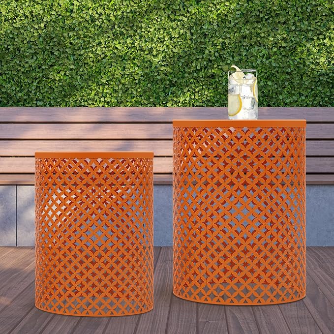 Set of 2 Outdoor Side Table, Garden Stool for Patio, Metal Accent Table Modern End Table, Patio Side Table for Garden, Balcony, Bedroom Indoor Outdoor Decorative, Terracotta Orange