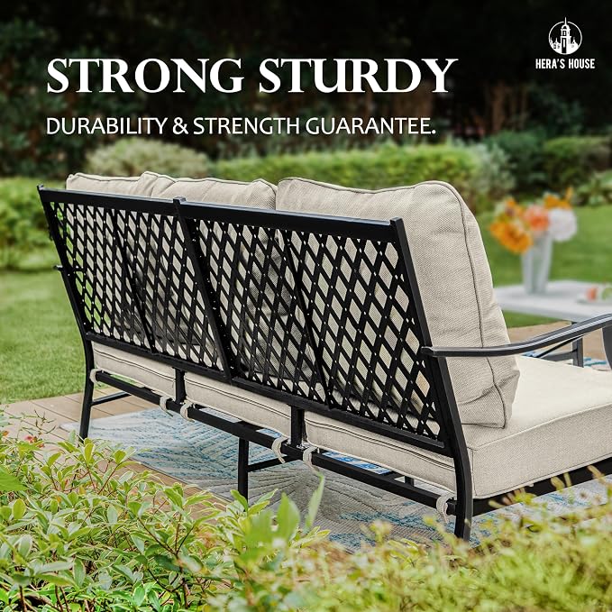 HERA'S HOUSE 4 Pieces Patio Furniture Set with Fire Pit Table, 2 x Swivel Cushioned Chair, 3-Seat Sofa with 45" Fire Pit Table, Outdoor Conversation Set for Garden, Poolside, Backyard