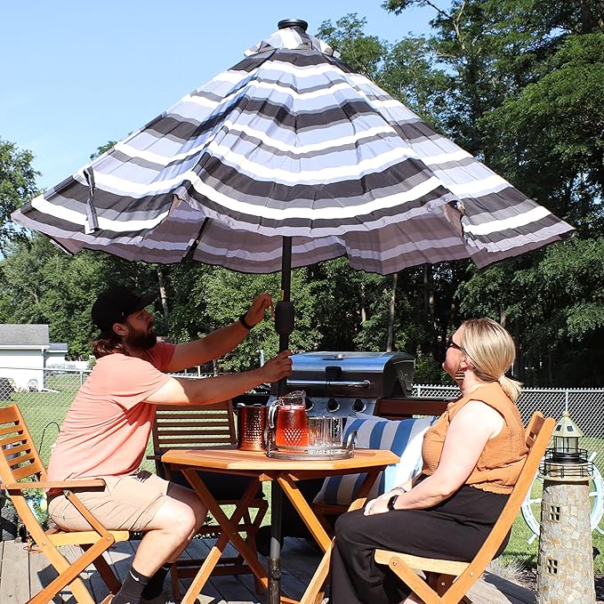 Sunnydaze 9 ft Striped Patio Umbrella with Solar Lights - Polyester LED Table Market Umbrella with Tilt and Crank - Catalina Beach Stripe
