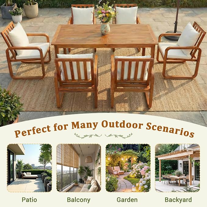 Merax 7-Piece Patio Dining Set, Outdoor Acacia Wood Dining Table and Chairs Set with Cushions for Backyard, Garden, Poolside, Beige