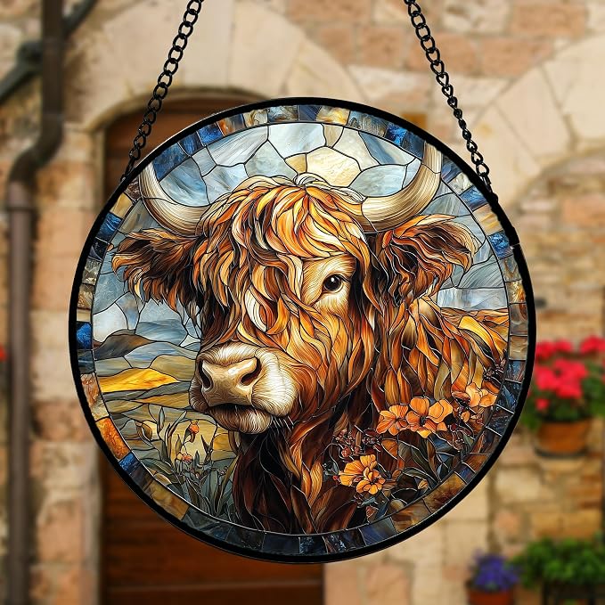DASTOLL Stained Glass Window Hanging - Funny Cow Flower Suncatcher Ready to Hang Window Doors Home Decoration and Christmas, Mother's Day Birthday Gifts for Women, Men, and Mom 6.3x6.3 in
