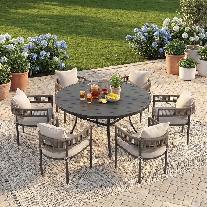 VICLLAX Patio Dining Set for 6-53" Round Table & Cushioned Seats, Black