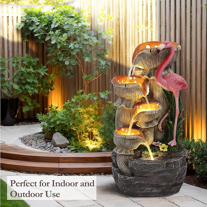 Flamingo Outdoor Water Fountain, 5 Tiered Waterfall Fountains with LED Lights, Floor Garden Waterfalls Outside, Modern Cascading Flow Fountain for Garden, Yard, Patio, Home Decor