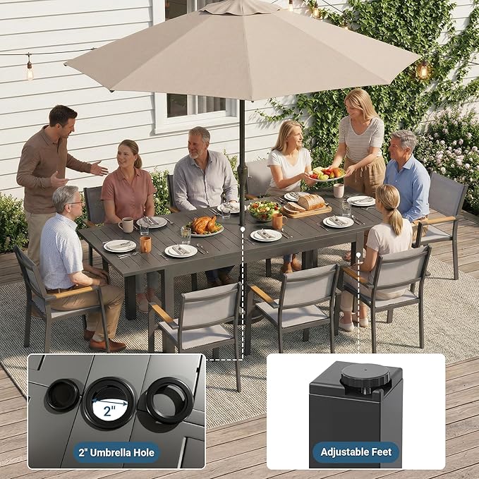 FansaFurn Patio Furniture Set with 92" Extendable Dining Table, Patio Table Set for 4–8 People, All-Weather Aluminum Outdoor Furniture, Outdoor Dining Set for Backyard, Porch, and Garde, Grey