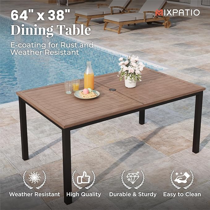 MIXPATIO 7 Pieces Patio Table and Chairs Set, Patio Dining Set for 6, 6 Textilene Chairs and 1 Wood-Like Rectangle Steel Table with Umbrella Hole, for Deck Backyard Lawn Poolside, Brown
