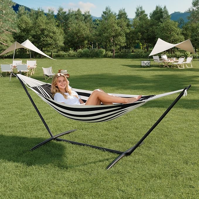 Double Hammock with Heavy Duty Space-Saving Steel Stand for 2 Person - Portable, 450lbs Capacity - Indoor Outdoor Use, Includes Carry Bag - Perfect for Garden, Camping, Beach - Black