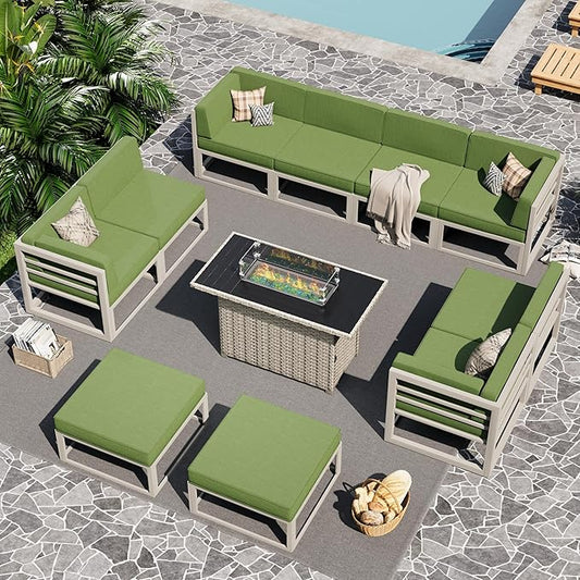 UDPATIO Aluminum Patio Furniture Set with Fire Pit Table, Modular Oversized Outdoor Sectional of Olefin 5 inch Cushion, Coffee Table and Waterproof Cover, Patio Conversation Sets for Porch, Deck