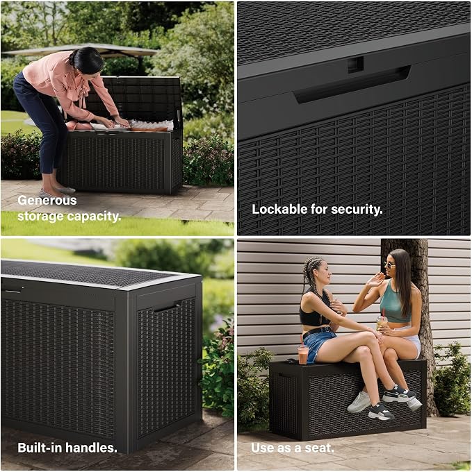 Outdoor Storage Box, 110 Gallon Resin Deck Box Waterproof for Patio Furniture, Garden Tools and Pool Accessories, Lockable UV-Resistant Storage Bin Bench Cabinet for Outside, Black