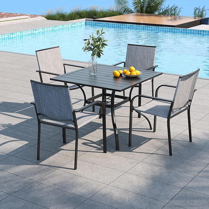 Anmutig 5 Piece Outdoor Dining Set, 35“ Square Table with 4 Gray Stackable Patio Chairs, All Weather Furniture Set for Garden