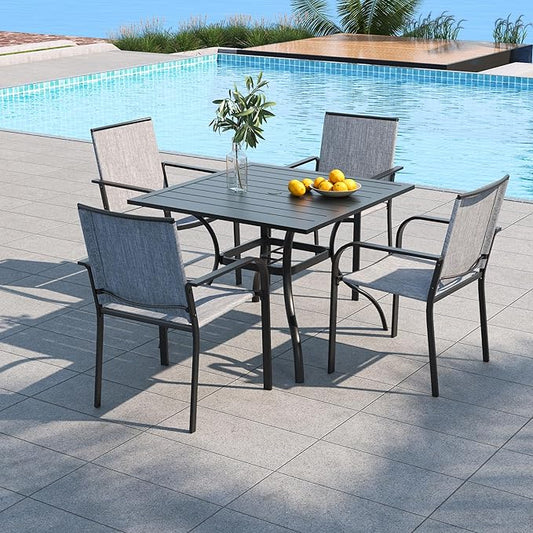 Anmutig 5 Piece Outdoor Dining Set, 35“ Square Table with 4 Gray Stackable Patio Chairs, All Weather Furniture Set for Garden