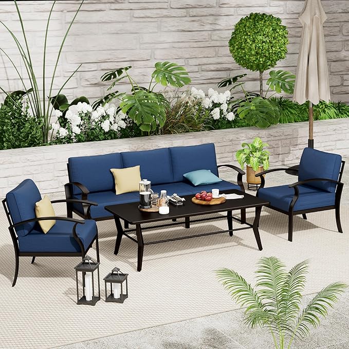 Aluminum Outdoor Patio Conversation Furniture Set,5 Seats Metal Modern Outdoor Furniture with Coffee Table & Washable 5.1" Thick Cushions,Patio Sectional for Backyard,Patio,Navy