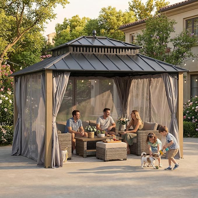 SUNJOY Kingston 12' x 10' Hardtop Wood Gazebo with Galvanized Steel Double Roof, Curtain and Netting, Cedar Posts Permanent Pavilion Gazebo for Garden, Patio, Deck, Lawn