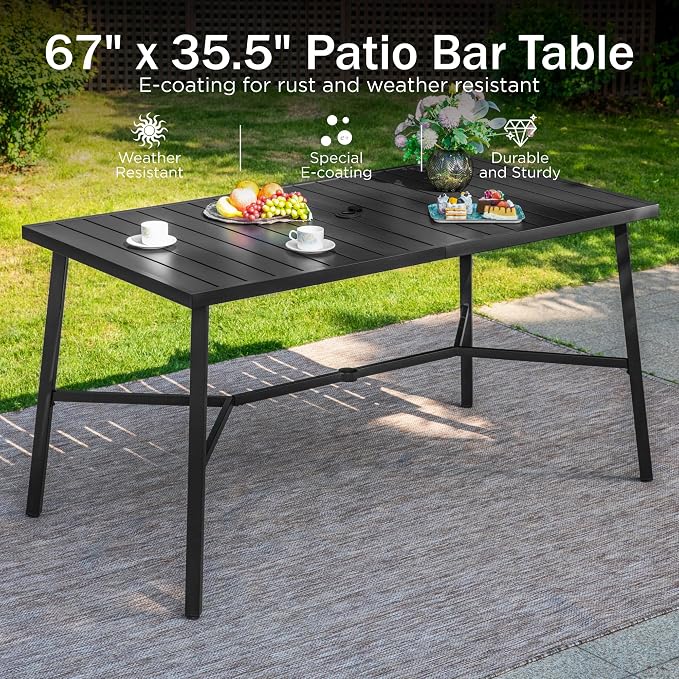 PHI VILLA Outdoor Bar Table, Patio Counter Height Pub Dining Table for 4-6, Waterproof Metal Steel Rectangle Table with Weather Resistant Frame Black for Garden, Yard, Balcony, Kitchen