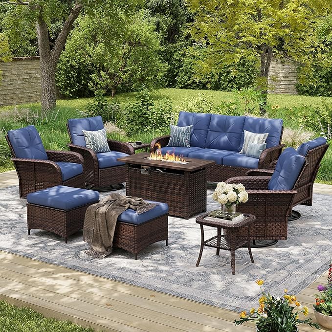 Aoxun 10-Piece Patio Furniture Set with 44'' Fire Pit Table, Luxury Outdoor Patio Furniture Set with 360° Swivel Chairs, Patio Conversation Set for Backyard, Poolside & Garden, Brown/Navy Blue