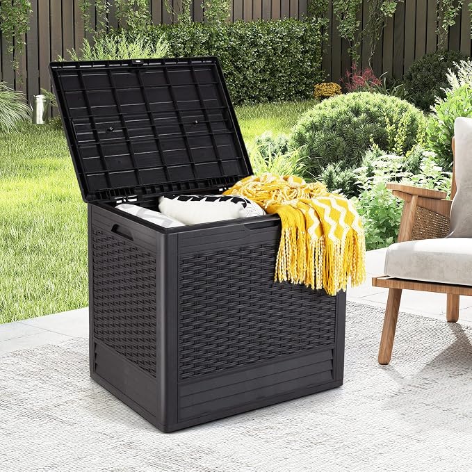Giantex 25 Gallon Outdoor Storage Box, PP Deck Container with Rattan Patterns & Lockable Lid, All-Weather Patio Plastic Storage Bin for Package Delivery, Garden Tools, Patio Cushions (Brown)