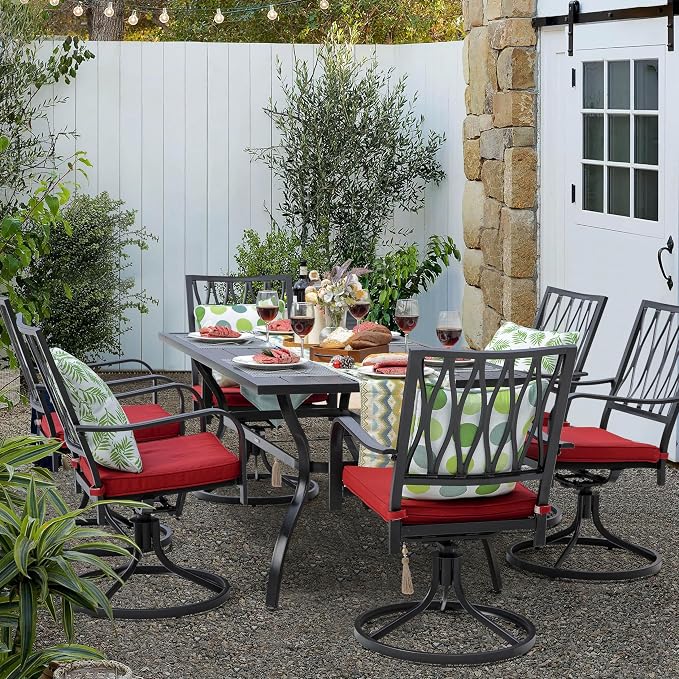 NUU GARDEN 7 Piece Outdoor Dining Set, Outdoor Furniture Set for Rectangle Iron Umbrella Dining Table and 6 Cushioned Swivel Chairs, Black and Red Cushion