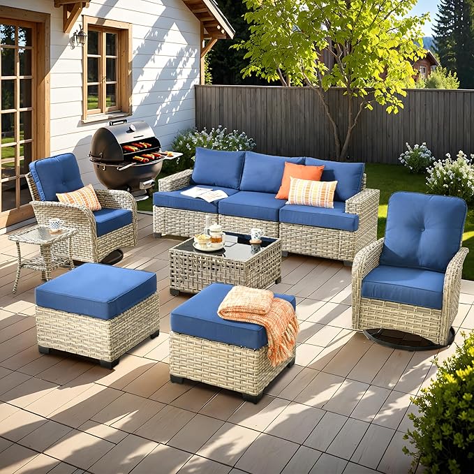 9 Pcs Outdoor Sectional Patio Furniture Set with Swivel Rocking Chair and Ottomans - All Weather Wicker Outside Sectional Couch,Patio Seating Outdoor Conversation Sets for Deck Yard Garden,Navy Blue
