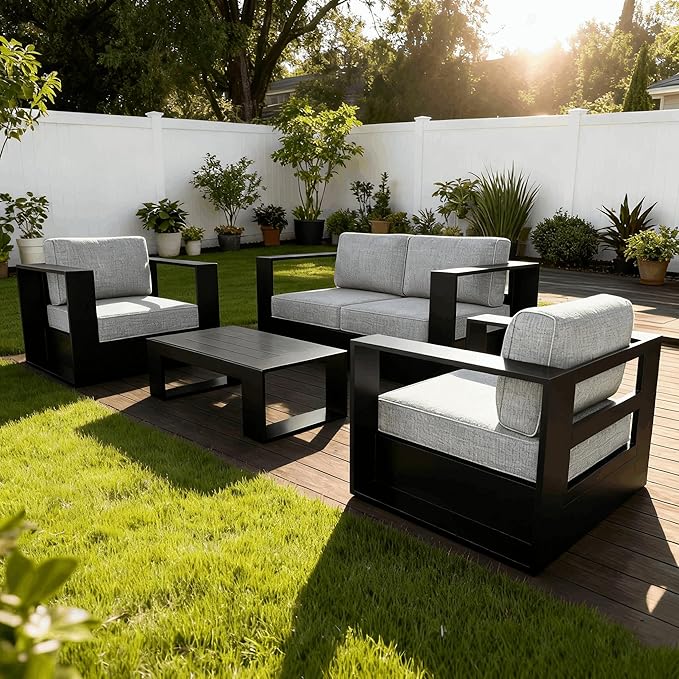 4 Pieces Patio Furniture Set with Coffee Table, Metal Modern Conversation Set with Deep Seating and Widened Aluminum Frame for Deck, Porch, Garden