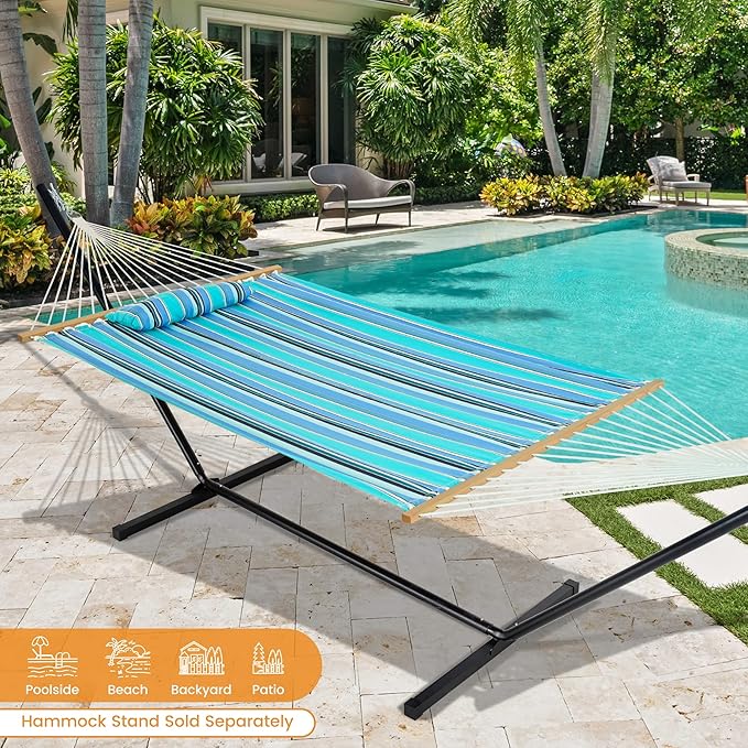 Lazy Daze Hammocks 12 FT Sunbrella Fabric Quilted Hammock Double Sunbrella Quilted Hammock with Spreader Bars & Pillow, All Weather and Fade Resistant for Outdoor, 450 lbs Capacity, Dolce Oasis