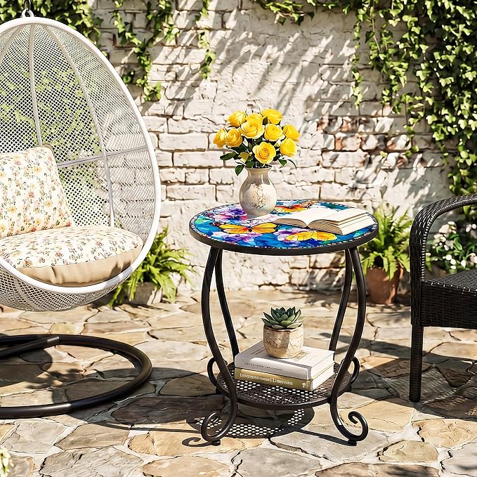 Outdoor Side Table, Small Patio Table Round Metal Outside Coffee End Table for Balcony Bistro Porch Yard Garden Patio Living Room（Butterfly