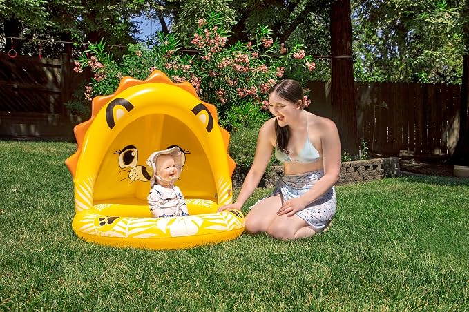 Poolmaster Inflatable Swimming Pool Kiddie Pool with Sun Shade, Baby Lion Small