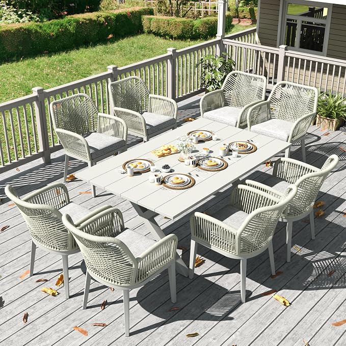 LayinSun Outdoor Dining Set for 8, 9 Pieces Patio Furniture Sets with Aluminum Dining Table and Rope Weave Chairs
