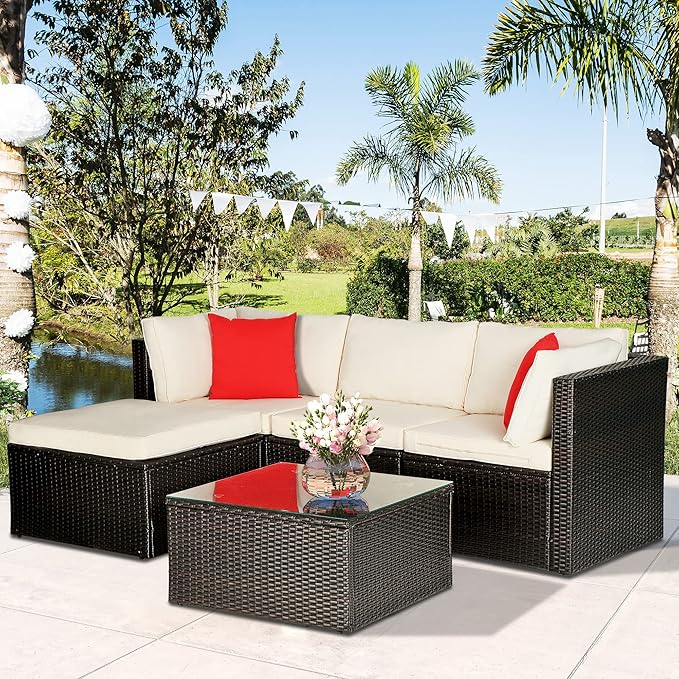 PayLessHere 5 Pieces Patio Furniture Outdoor Wicker Sectional Patio Rattan Chair Conversation Backyard Lawn Porch Poolside Balcony Garden Sofa Set with Glass Coffee Table, Brown