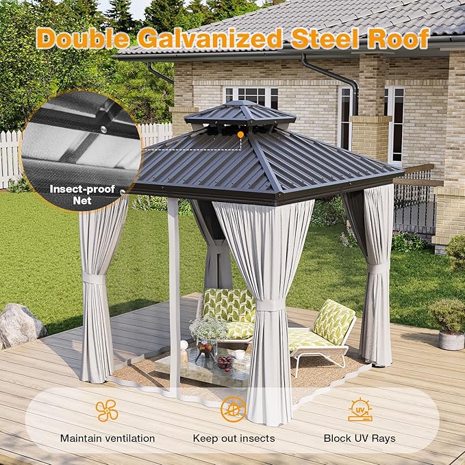 8x8FT Hardtop Gazebo, Metal Frame with Double Galvanized Steel Roof, Permanent Outdoor Pergola with Curtains and Netting Included for Backyard, Patio, Lawn and Garden, Gray