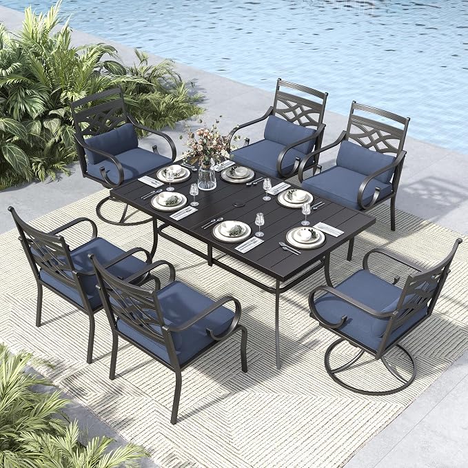 MFSTUDIO 7 PCS, Patio Dining Set, 59"×35", 4 Swivel Chairs, Umbrella Hole | Blue, Steel, Metal, E-coated frame