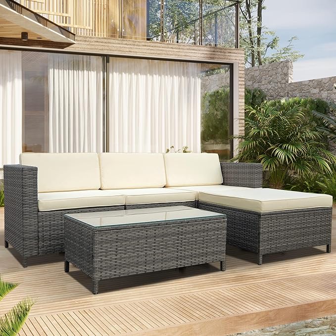 RoyalCraft 5 Pieces Patio Furniture Sets, All Weather Outdoor Sectional Sofa Manual Weaving Wicker Rattan Outdoor Conversation Set with with Cushion and Glass Table, Cream