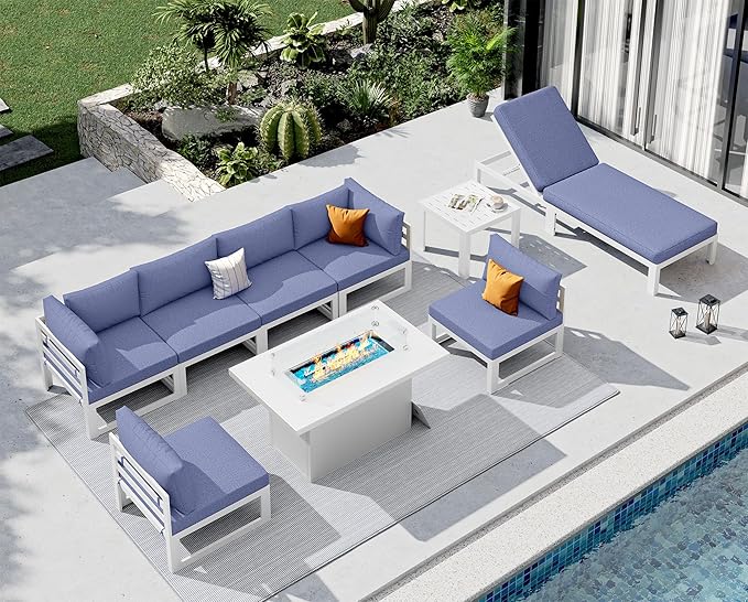 NICESOUL 9 Piece Modern Aluminum Outdoor Patio Furniture Set with Lounge & Fire Pit Table, Large All-Weather Modular Sectional Couch, 29" Wide Deep Seating Conversation Sofa for Poolside, Denim Blue
