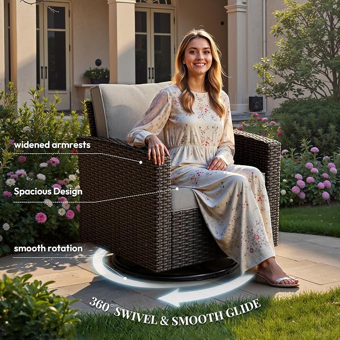 WWR Patio Furniture Set-30% Thicker Wicker-Luxury 5 Piece PatioWicker Outdoor Patio Conversation Set with Extra Wide & Thick Cushions, Swivel Rocking Chairs for Backyard, Porch & Deck