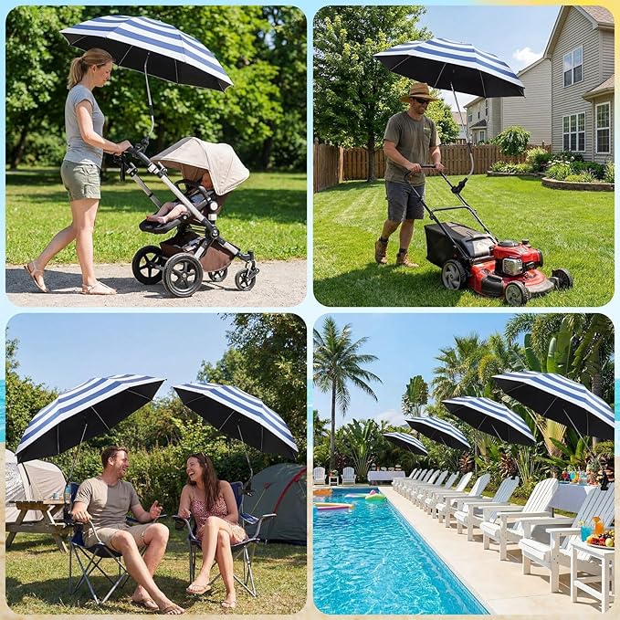 2 Pcs Beach Umbrella with Clamp UV Protection 48 Inch Adjustable Umbrellas for Chair with 360° Universal Clamps for Beach Camping Stroller Wheelchair, Chair Not Included(Blue Stripes)
