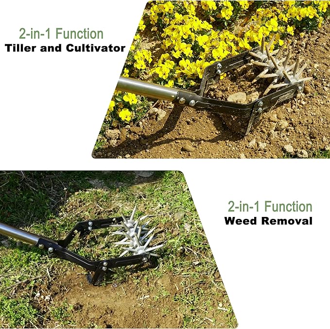 YEELOR Garden Rotary Cultivator, 67-Inch Adjustable Handle, Sturdy Star Tines, 2-in-1 Weeding & Tilling Hand Tiller, Ideal for Tilling Flower Beds, Planters, Vegetable Gardens Elevated Planter Beds