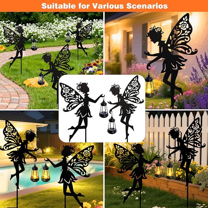 Solar Fairy Garden Statues Outdoor Decor, 2 Pack Metal Fairy Figurine Light Stake,Housewarming Ornament for Patio, Lawn, Yard, Pathway - Unique Gift Ideas for Gardening Mom Grandma Birthday